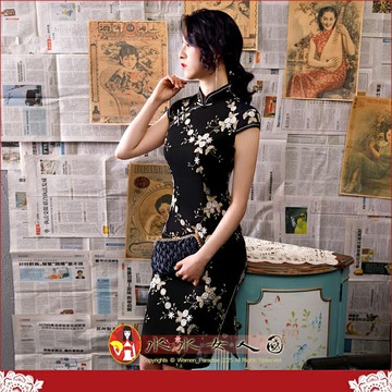 現貨快速出貨｜黑色繡花蕾絲旗袍中國風復古短款修身改良氣質少女年輕修身連身裙洋裝｜誘惑｜水水女人國