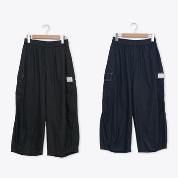 【Dailo】側褶細節緯彈親膚仿牛仔繭型八分褲 深藍 黑