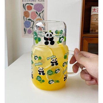 可愛一人飲水杯卡通熊貓高顏值玻璃杯耐高溫喝水杯子辦公室果汁杯
