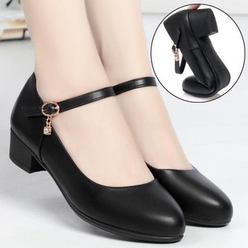職業女鞋一字扣黑色皮鞋正裝面試上班女單鞋圓頭粗跟中跟工作鞋女