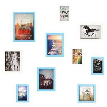 iINDOORS 北歐簡約實木相框牆10入組 松木 壓克力 鐵  水藍 + 白色  1組  A4、6x8、6x6、4x6