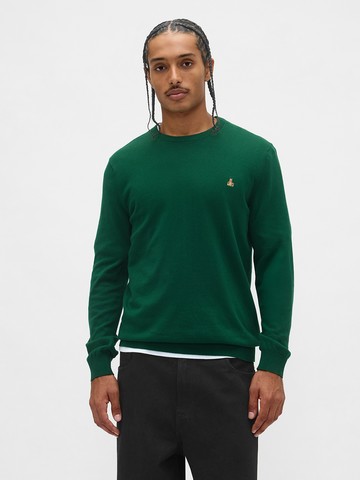 男裝 純棉小熊刺繡圓領長袖針織衫-綠色