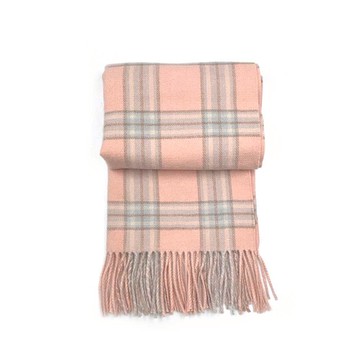 HONOR溫柔系細格紋流蘇保暖圍巾-粉
