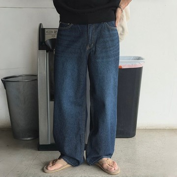 正韓夏季薄款沉穩貓鬚刷色寬鬆牛仔褲 深藍色 YUPPIE 預購商品 0727