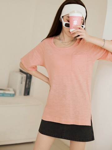 純色多色竹節棉大圓領口袋五分袖上衣