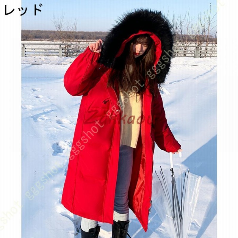 フード付き赤ファーコート 20代 ロングコート ファーコート 暖かい