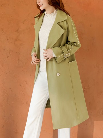 厚雪紡翻領排釦長版風衣外套(附腰帶)