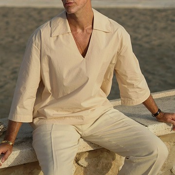 跨境歐美亞馬遜2025秋冬新款男裝POLO衫V領男士純色休閑上衣男裝鑫弘-衣錦男裝