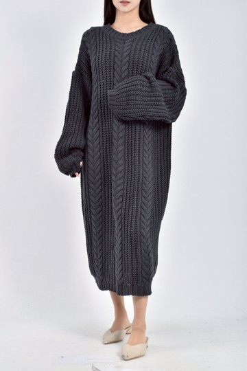 (2XL) al jinha質感針織長袖oversize厚磅灰色洋裝