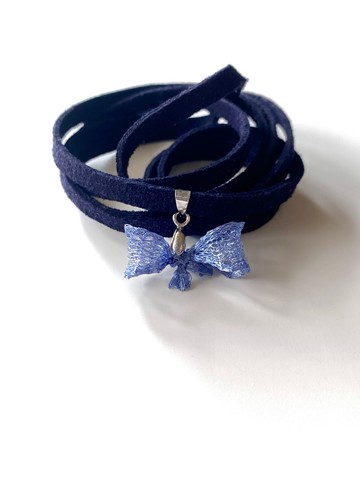 煙薰藍蝴蝶結choker項鍊