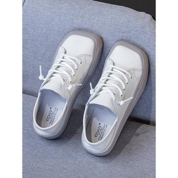 真皮小白鞋女2025新款女鞋春夏踩腳兩穿丑萌方頭單鞋休閑板鞋