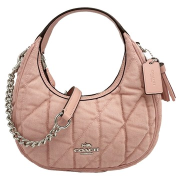 【COACH】牛仔布絎縫菱格紋鏈帶手提斜背小彎月包(粉)