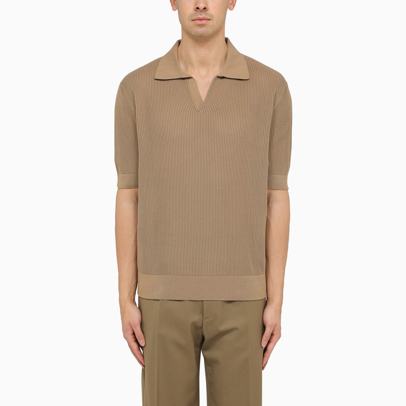 Beige cotton ribbed polo shirt