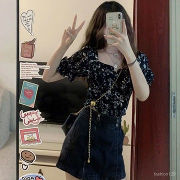 💛限時下殺💛夏季鹽係甜酷穿搭套裝可鹽可甜洋氣氣質減齡碎花上衣牛仔裙兩件套