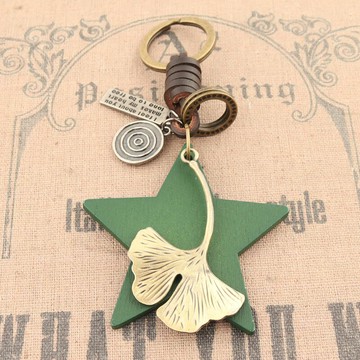 民族風鑰匙扣圈鏈環銀杏葉五角星木掛飾掛件復古文藝手工創意真皮