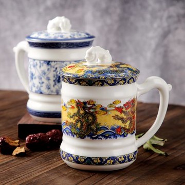 馬克杯酒店賓館茶樓青花瓷杯會議杯骨瓷龍杯喝水帶蓋陶瓷泡茶杯
