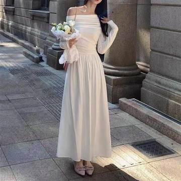 【米蘭精品】連身裙長袖洋裝-法式一字領針織收腰女裙子2色74km68