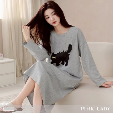 Pink Lady 炸毛小貓 棉柔舒適 長袖睡裙 秋冬 圓領 印花 柔感 女睡衣 居家服 3508