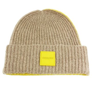 COACH 方標LOGO羊毛毛帽(灰棕/芥末黃)