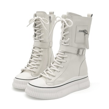 Patrick 霧感甜心真皮皮帶學院風增高中筒靴休閒靴