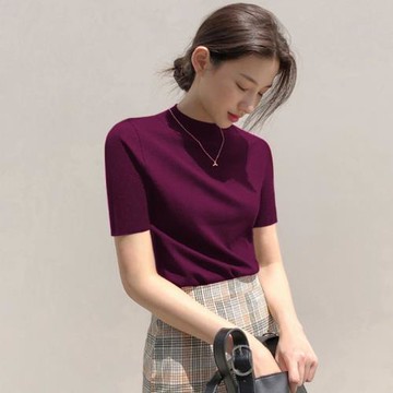 冰絲針織衫上衣女夏季新款洋氣半高領短袖t恤女薄款黑色打底衫潮