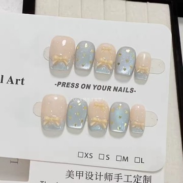 🔥日韓爆款🔥 法式玻璃珠貓眼蝴蝶結美甲短款高階感顯白純手工穿戴甲穿戴甲短款