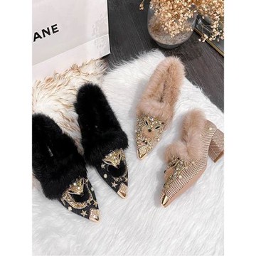 2025秋冬新款狐貍頭毛毛鞋女冬外穿加絨尖頭高跟粗跟短靴兔毛短靴