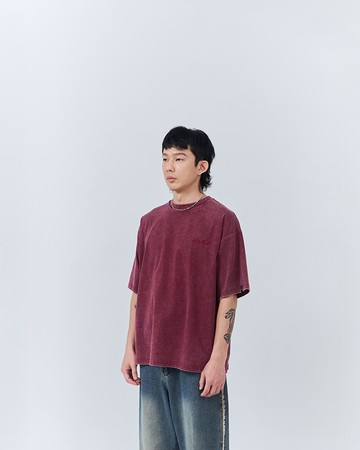 男裝 洗舊設計刺繡字短袖上衣-紅S/M/L/XL