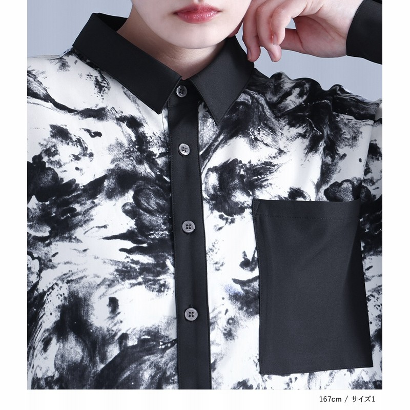 アート　水墨画 イエロー グレー 抽象模様 長袖シャツ　派手 L 菊柄フェイクレイヤード六分袖Tシャツ クロップドヘッズ 和柄