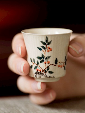 手繪粗陶茶杯景德鎮綠松石陶瓷石榴竹詩文25ml小八角品茗杯主人杯