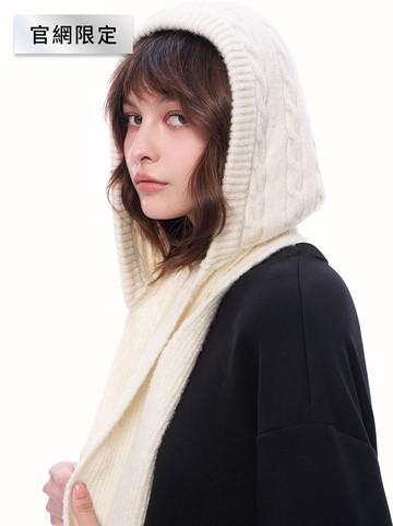 人氣追加 | 頭暖暖麻花柔軟連帽造型圍巾-米白 | 官網限定