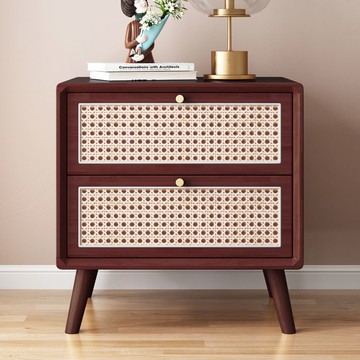 開發票 床頭櫃   藤編床頭柜實木櫻桃木胡桃木原木色日式網紅民宿收納儲物柜ins 快速出貨