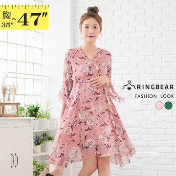 優雅俏麗交叉V領荷葉袖綁帶印花雪紡連身裙(粉.綠L-3L) 眼圈熊 中大尺碼 D578