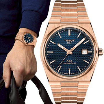 TISSOT 天梭 官方授權 PRX系列 T137.407.33.041.00 70年代復刻機械錶 新春開運 送禮首選-午夜藍x玫瑰金 T1374073304100