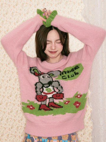 粉色小鼠毛衣長袖可愛復古秋季