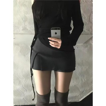 韓系品質黑色防走光細條紋開叉褲裙低腰半身裙女迷你西裝包臀裙夏