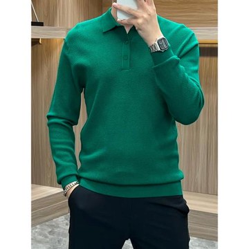 2603秋冬季新款高級感菠蘿紋翻領長袖T恤男士時尚潮休閑百搭舒適