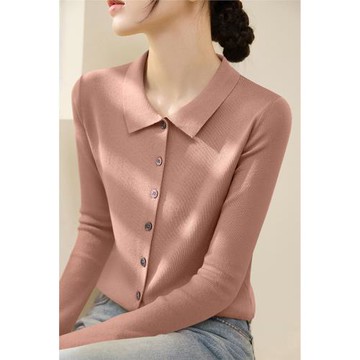 新款2025春秋高級感法式POLO領長袖毛衣女裝寬松正肩粉絲針織開衫