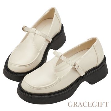 【Grace Gift】復古率性T字簍空厚底瑪莉珍鞋 米白