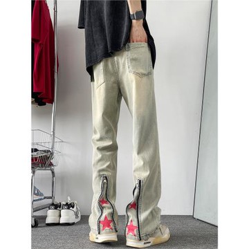 做舊牛仔褲男款秋季美式vibe高街寬松直筒褲水洗設計感拉鏈微喇褲