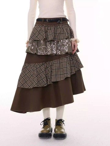 ziziFei秋冬季美式設計感中長款高腰顯瘦不規則拼接棕色半身裙女