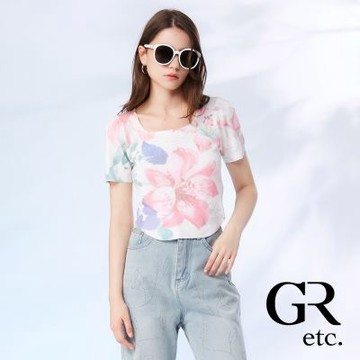 【GLORY21】網路獨賣款-etc.粉彩花卉亮鑽U領短版針織上衣-白色