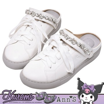 Ann’S X Sanrio三麗鷗 酷洛米聯名 冰心鑽石拉帶可兩穿單色刺繡平底穆勒鞋3cm-白