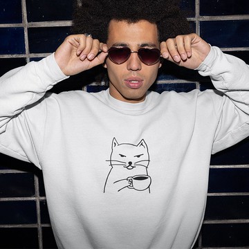 Cat Coffee 刷毛 大學T 中性版 白色  貓咪咖啡貓之日禮物秋冬