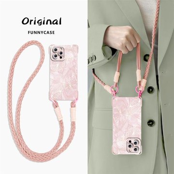 粉色蝴蝶適用蘋果16promax手機殼新款腕帶掛繩iphone16pro硅膠全包防摔女15斜挎背包式小清新創意高級感潮殼