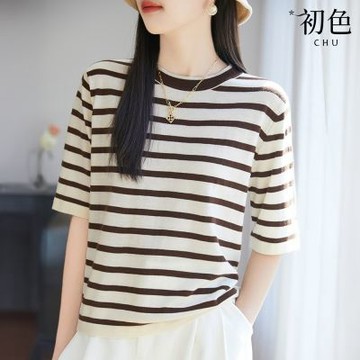 初色 休閒風條紋圓領五分袖寬鬆顯瘦T恤上衣女上衣-共4色-12450(M-3XL可選)