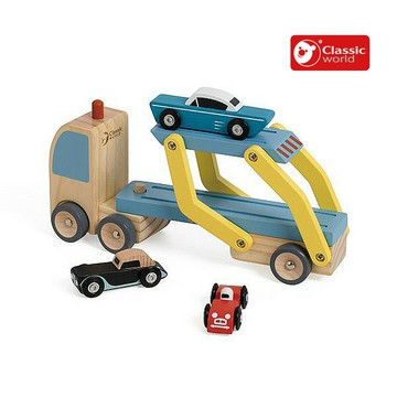 【德國 classic world 客來喜經典木玩】快樂小車搬運工/Car Transporter Truck(附3台小車)