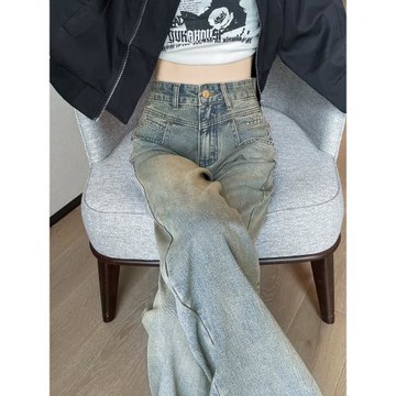 復古藍闊腿牛仔褲女秋裝美式高腰懷舊秋裝寬松直筒垂感窄版拖地褲