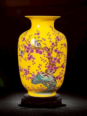 景德鎮陶瓷器黃色小花瓶插花擺件中式客廳博古架家居裝飾品工藝品