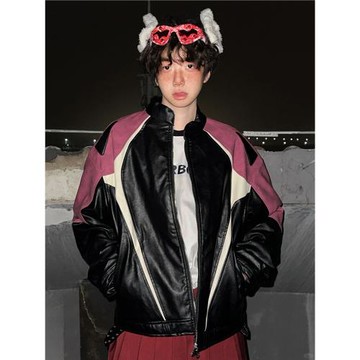 拼接扎染街頭pu皮棒球服外套機車